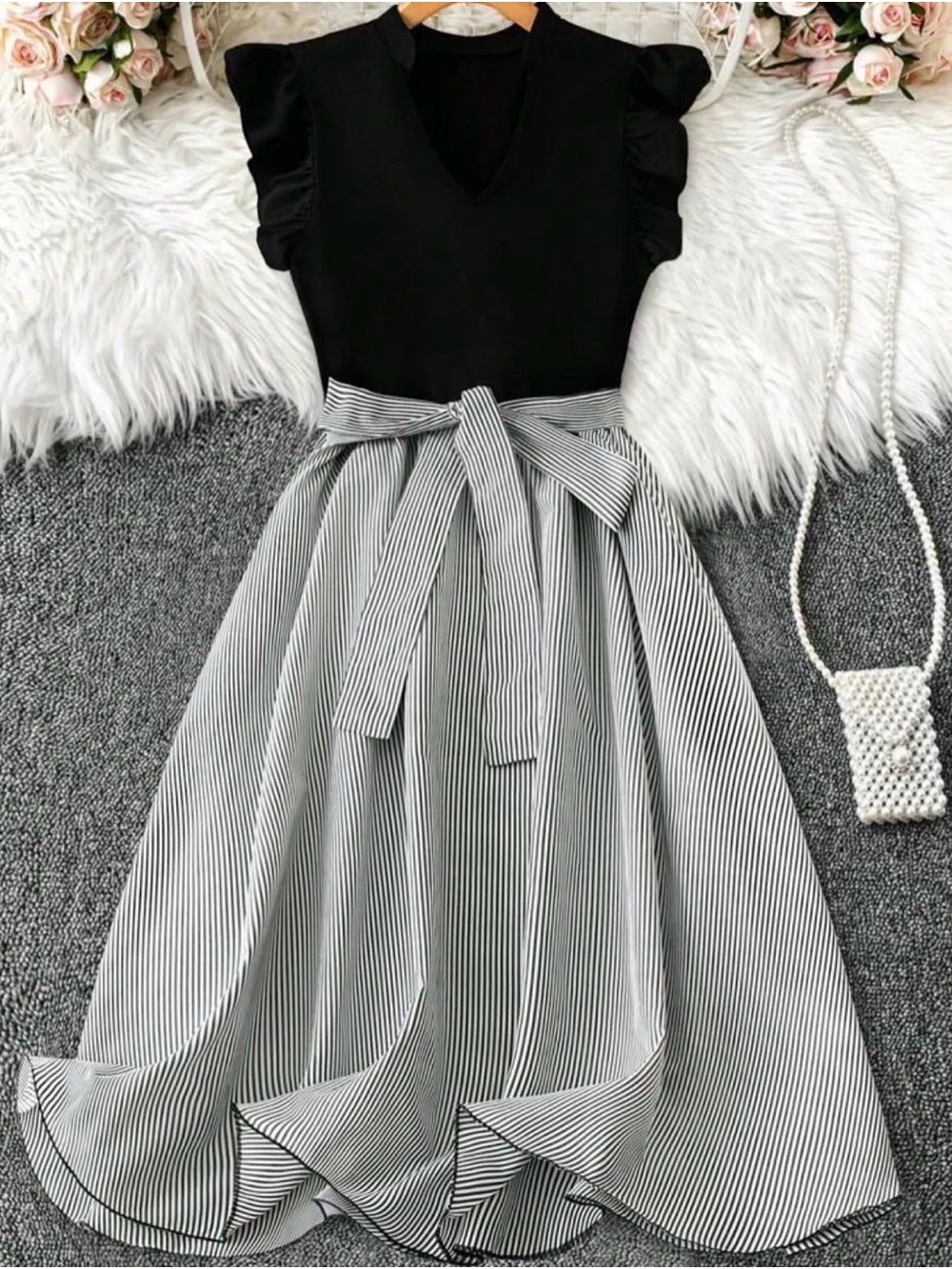 SHEIN Black Bodice Striped Asymmetrical Midi Dress with Tie Waist